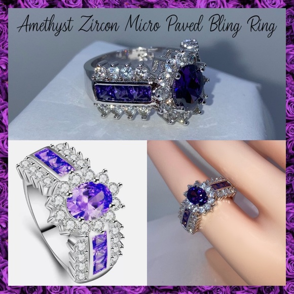1.25ct Amethyst Zircon Micro Paved Halo Bling Ring - Picture 3 of 10